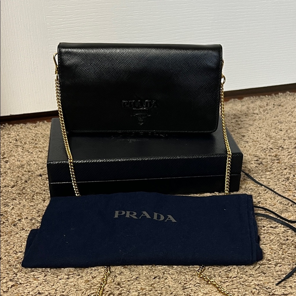 3446 Prada Black Leather WOC  with Gold Chain
